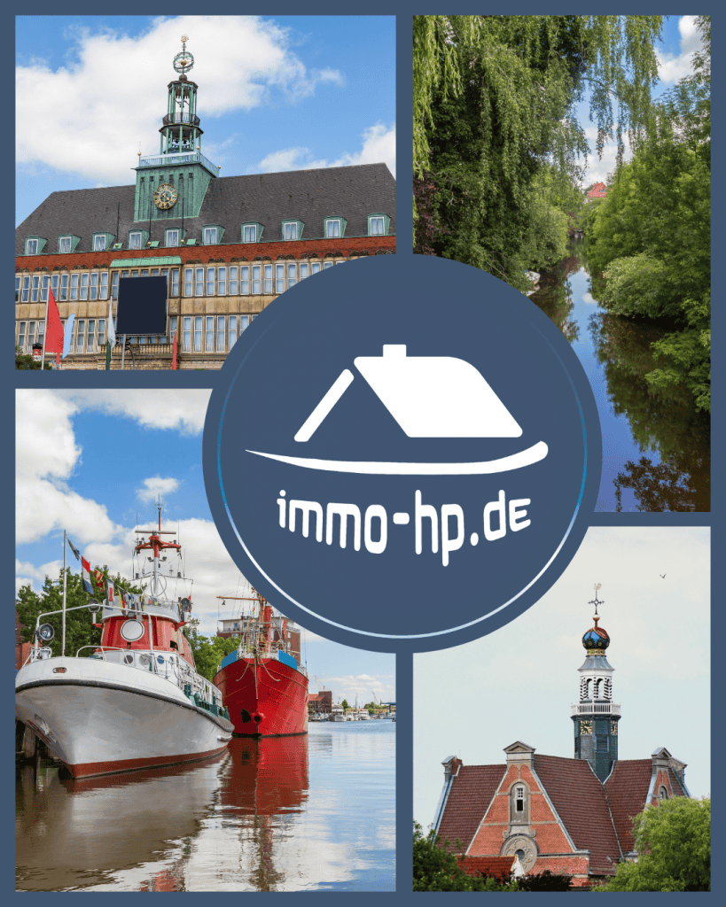 Collage mit Wahrzeichen von Emden: Rathaus, Kesselschleuse, Museumsschiffe im Hafen und Johannes a Lasco Bibliothek – Immobilien-Shop Holger Peters, aktiv als Immobilienmakler in Emden.