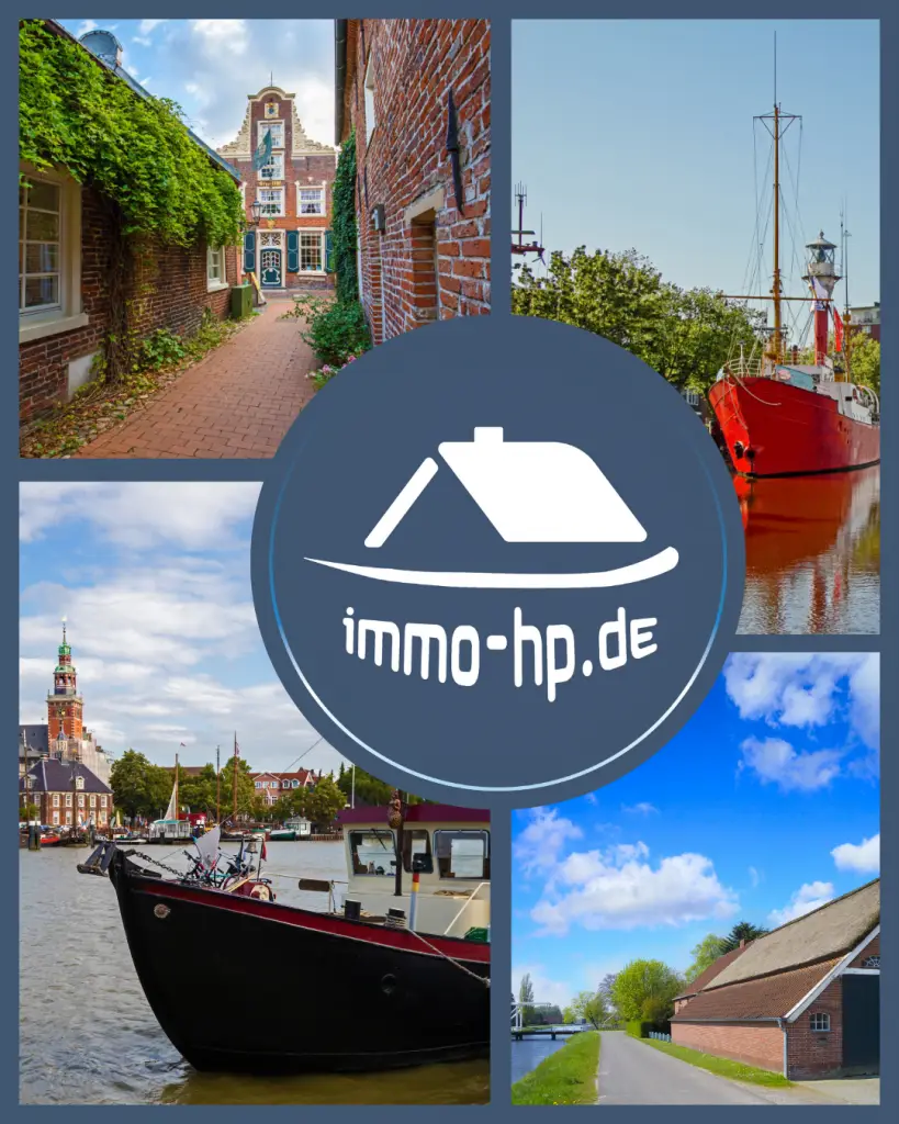 Collage mit Impressionen aus Leer: Historische Altstadt, Hafenpromenade, Stadtteile– Immobilienregion im Herzen Ostfrieslands.